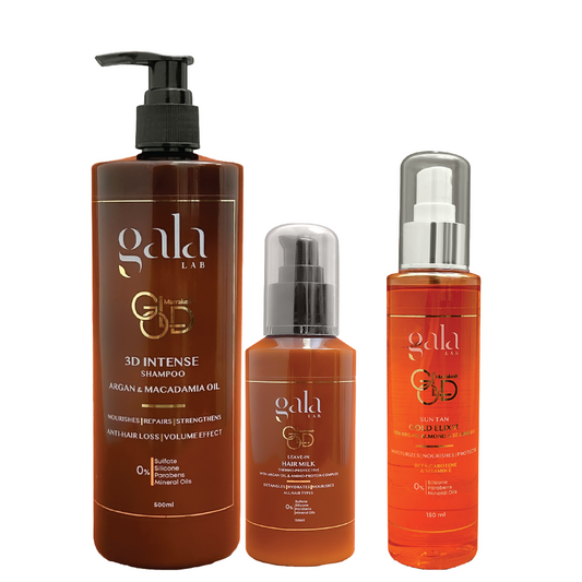 Buy & Get 40%: Gala Lab 3D Intense Shampoo 500ML +Gala Lab Thermo-Protective Leave-In Hair Milk 150ML +Gala Lab Suntan Gold Elixir 150ML