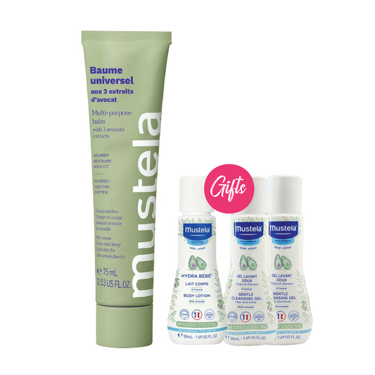 Mustela Certified Organic Multi-Purpose Balm 75 ML + Gift: Mini Mustela Hydra Bebe Body Lotion + 2x Mini Mustela No-Rinse Cleansing Water