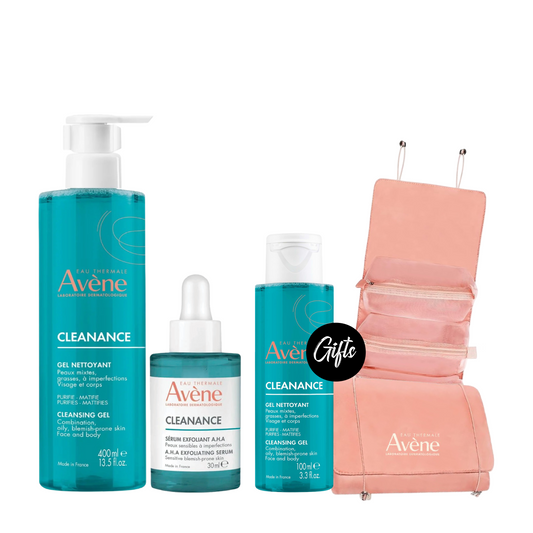 Avène Cleanance AHA Exfoliating Serum 30 ML + Avène Cleanance Cleansing Gel 400 ML + Gifts: Pouch + Avene Cleanance Gel 100 ML