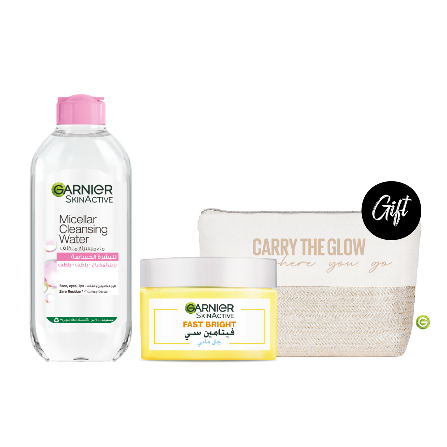 Garnier Micellar Cleansing Water Pink For Sensitive Skin 400 ML + Garnier SkinActiv Fast Bright Vitamin C Water-Gel 50ML + Gift: Pouch