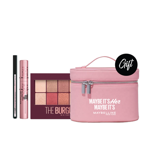 Maybelline Hyper Easy Liquid Eyeliner + Maybelline New York Lash Sensational Sky High Mascara + Maybelline Burgundy Bar Eyeshadow Palette + Gift: Free Vanity Pouch