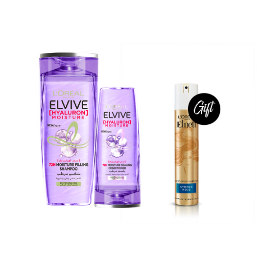 L'Oreal Paris Elvive Hyaluron Moisture Shampoo 400 ML + L'Oreal Paris Elvive Hyaluron Moisture Conditioner 200 ML + Gift: L'Oréal Paris Elnett Strong Hold Hair Spray 200 ML