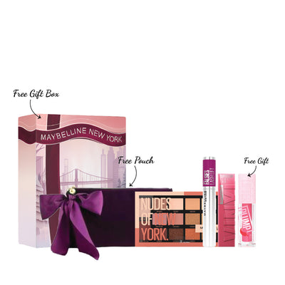 Maybelline Nudes Of New York 16 Pan Eyeshadow Palette + Maybelline The Falsies Lash Lift Washable Mascara + Maybelline-Super Stay-Vinyl Ink Long Wear Liquid Lip Color + Gifts: Pouch +Maybelline Lifter Plump - Lip Plumping Gloss