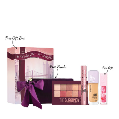 Maybelline Burgundy Bar Eyeshadow Palette + Maybelline New York Lash Sensational Sky High Mascara + Maybelline Super Stay 30H Lumi-Matte Foundation + Gifts: Pouch + Maybelline Lifter Plump - Lip Plumping Gloss