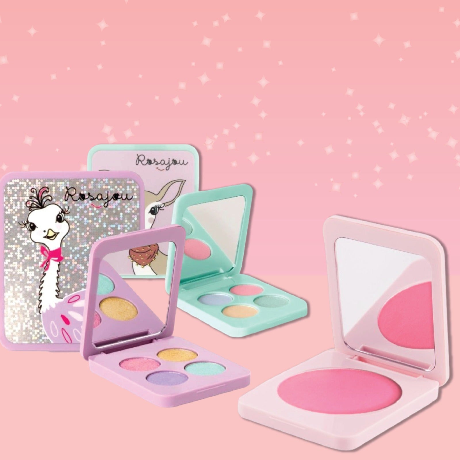 Rosajou Makeup products including a compact with colorful shades and a blush on a pink background.