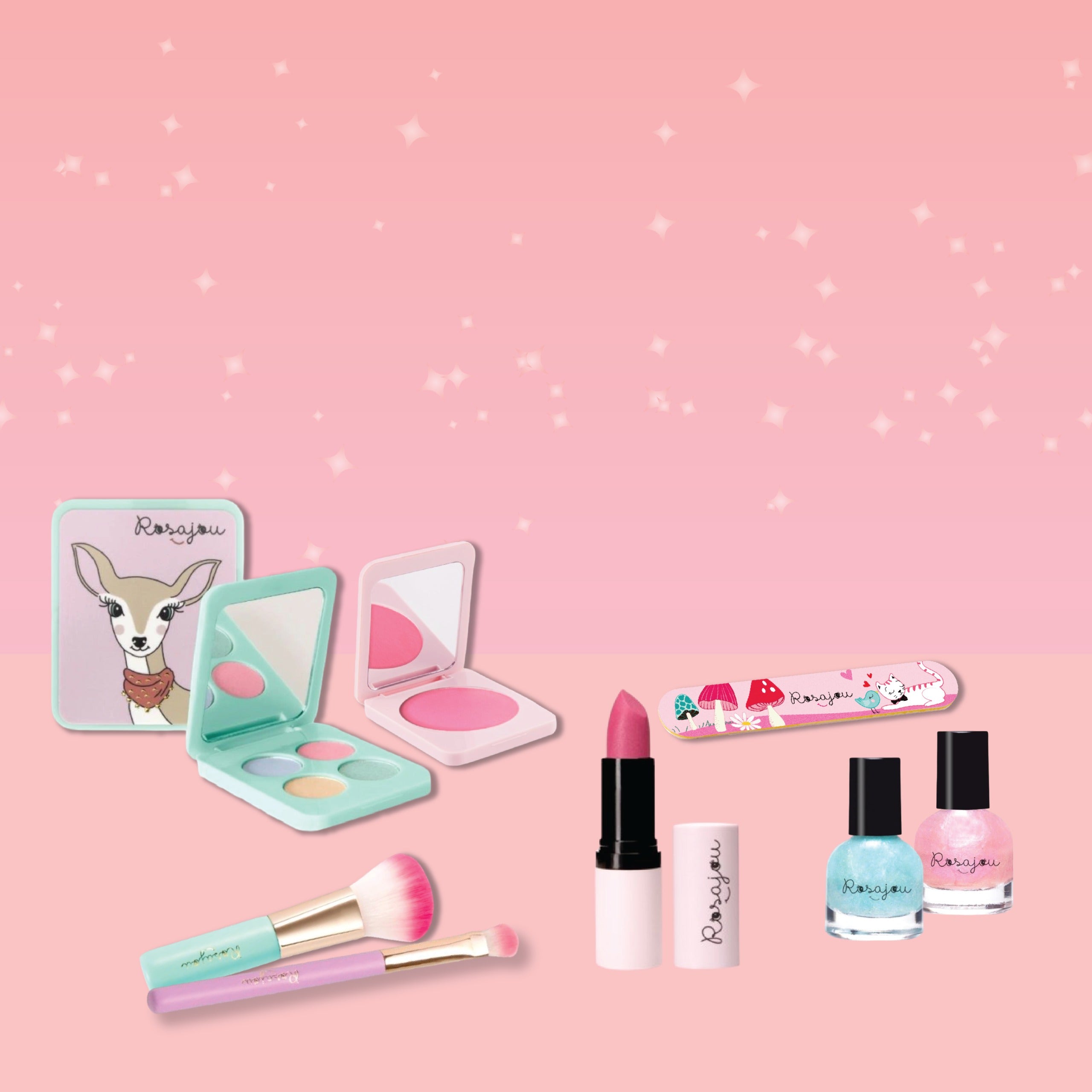 Rosajou Makeup products including a blush, lipsticks, nail polish, and a brush on a pink background with a cartoon deer design.