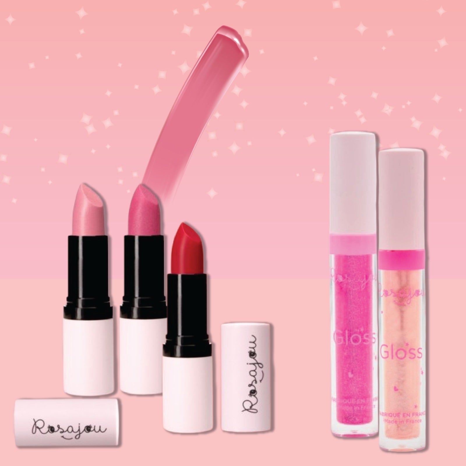 rosajou Set of lip products including lipsticks and glosses on a pink background