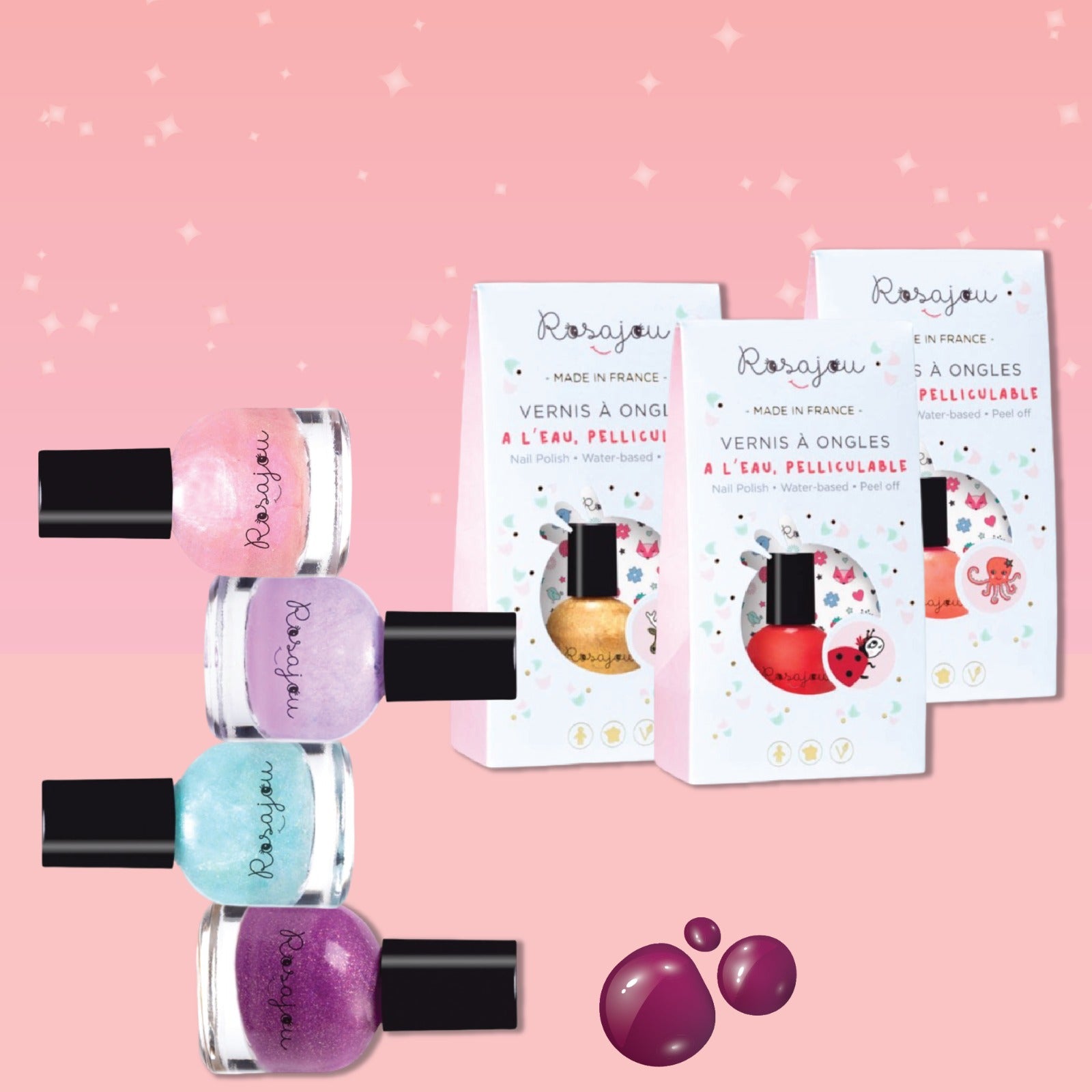 Rosajou Nail polish bottles and packaging on a pink background