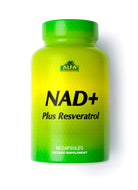 Green supplement bottle labeled 'NAD+ Plus Resveratrol' with ALFA Labs logo on a white background