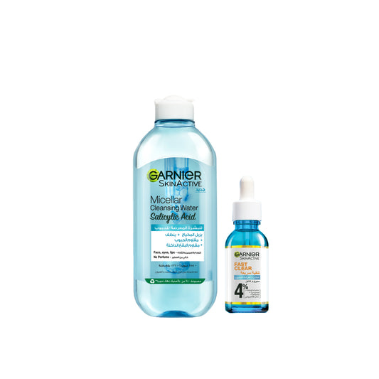 Garnier Micellar Cleansing Water with Salicylic Acid 400 ML + Garnier Fast Clear Booster Face Serum with Salicylic Acid 30 ML